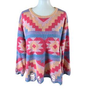 Wildfox XS Aztec Pastel Distressed Sweater Grunge Soft Knit Boho Festival